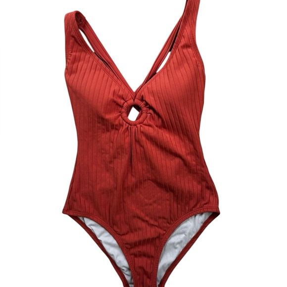 Kona Sol Women's Wide Ribbed Ring Medium Coverage One Piece Swimsuit Orange S - Picture 3 of 10